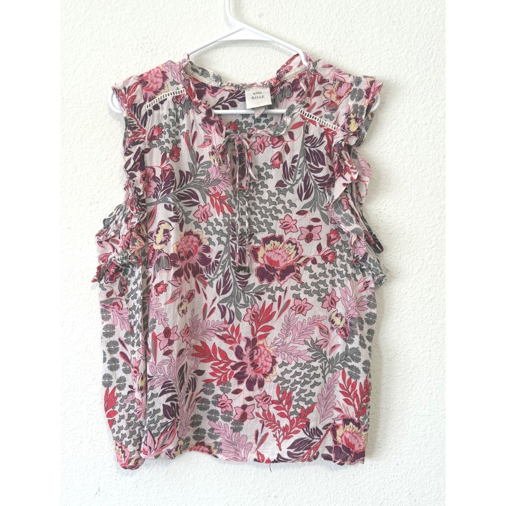 Knox Rose Floral Sleeveless Blouse Size Large Boho Peasant Top Pink Red